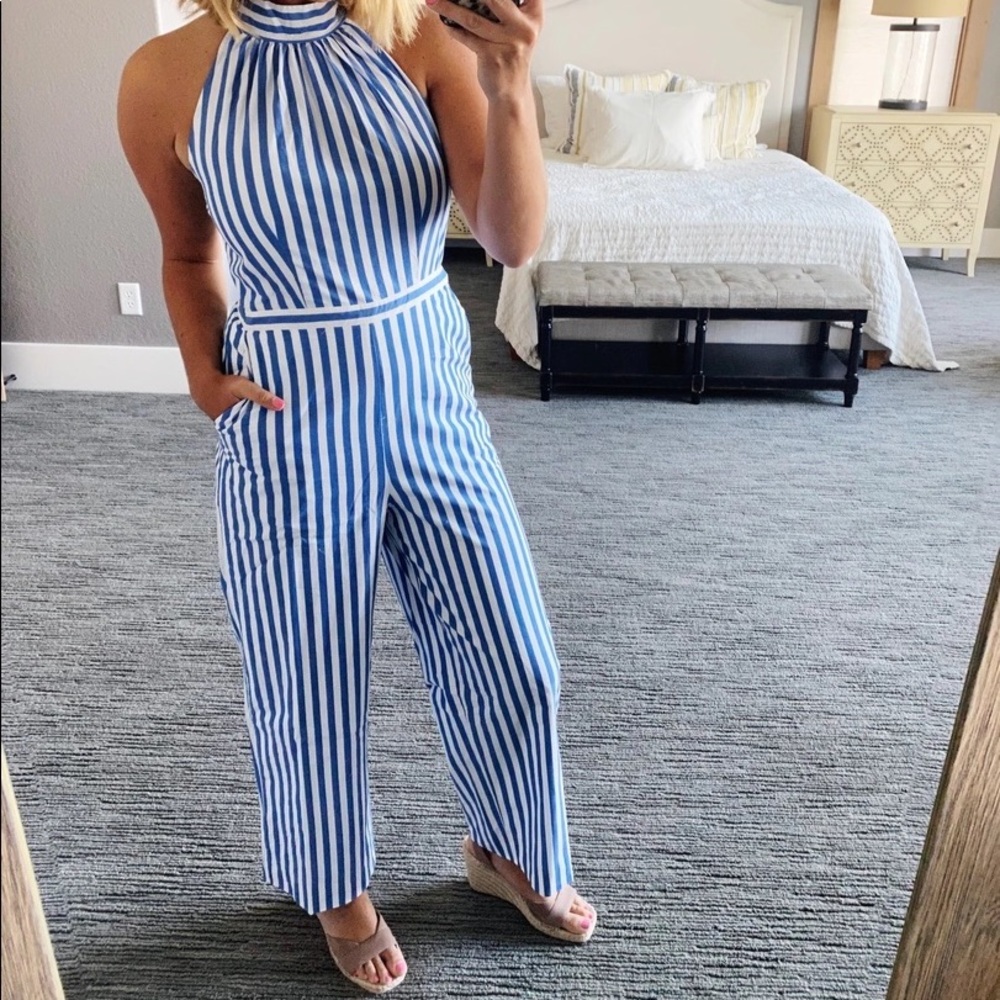 J. Crew Factory NWT Tie-back halter jumpsuit, blue & white striped, Sz 0